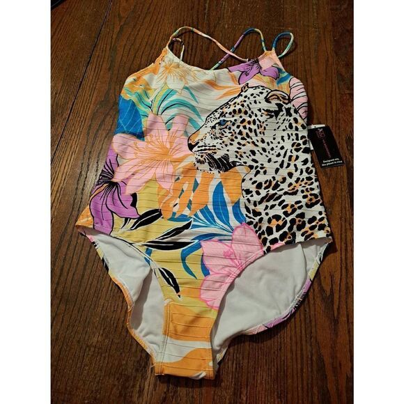 New Jr XL No Boundaries 1 Piece Leopard Cheetah Tropical Swimsuit Bathing Suit - Picture 1 of 7
